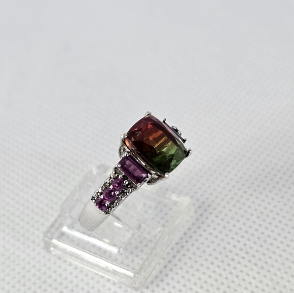 Genuine Watermelon Quartz & Rhodolite Garnet Ring Platinum/925 Sz 8! - Picture 13 of 14